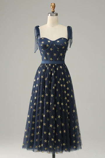 Navy Stars A-Line Tea-lengde Prom kjole med Bowknots